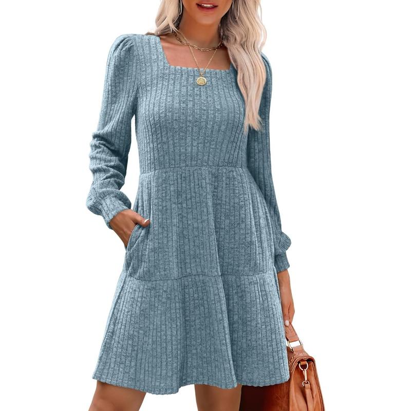 ELIZA™ - Gemütliches Langarm-Babydoll-Strickkleid mit eckigem Ausschnitt