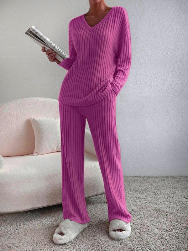 SUMMER™ - Lässiges V-Ausschnitt Langarm-Oberteil & Lounge-Hose mit geradem Bein Set