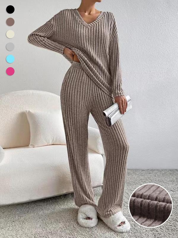 SUMMER™ - Lässiges V-Ausschnitt Langarm-Oberteil & Lounge-Hose mit geradem Bein Set