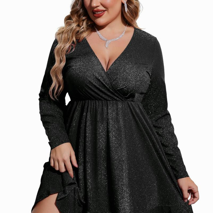 MATHILDE™ - Große Größen Glitzer V-Ausschnitt Rüschensaum Swing Cocktailkleid