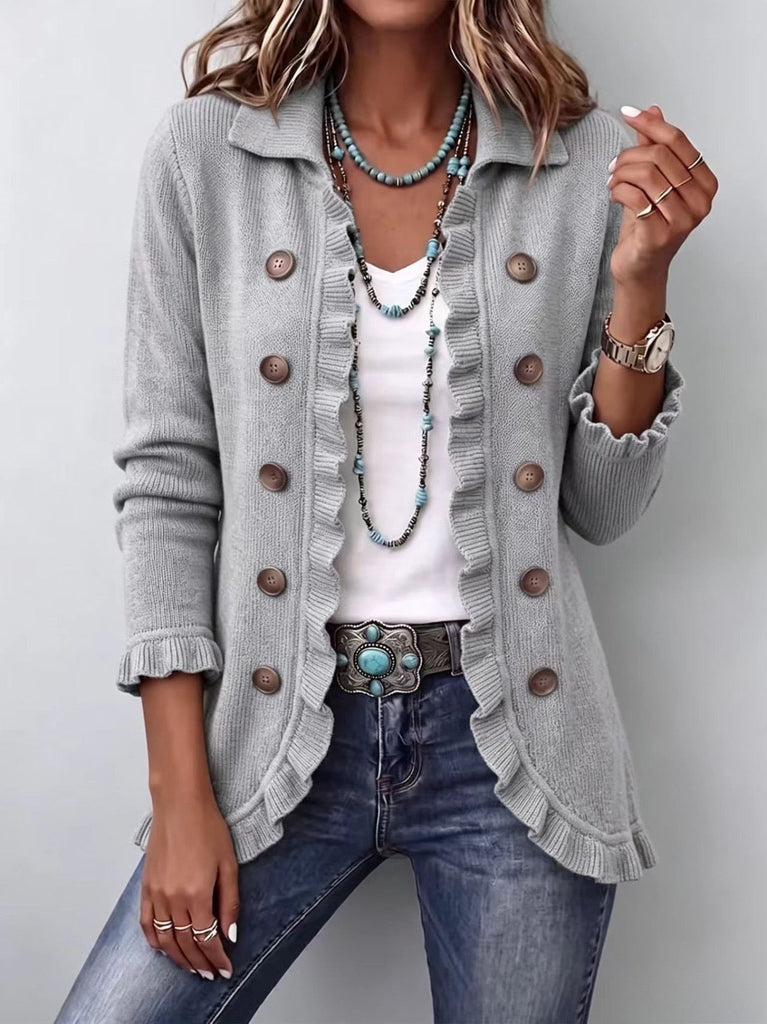 Teodora | Gerippte Strickjacke in Melange-Grau mit Volants