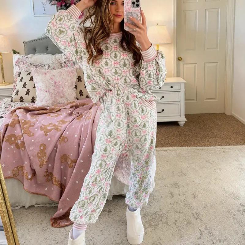 AUBREY™ - Gemütliches Weihnachtsschleifen-Print Loungewear-Set