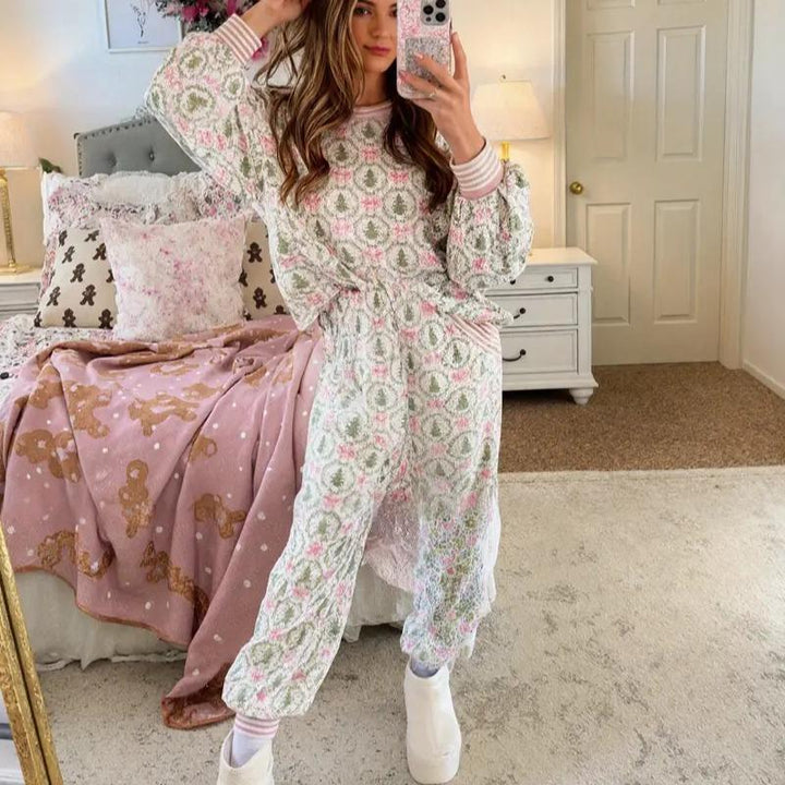 AUBREY™ - Gemütliches Weihnachtsschleifen-Print Loungewear-Set