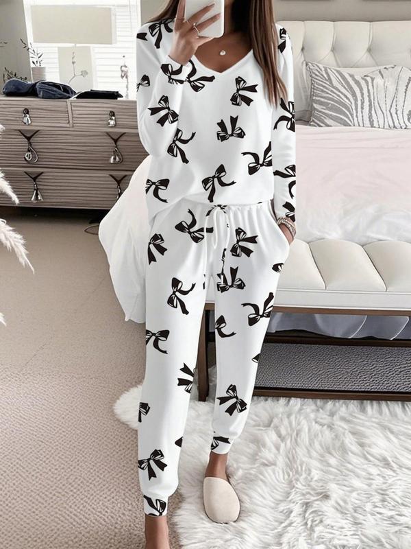 HALLIE™ - Langarm-Oberteil mit Schleifenmuster und V-Ausschnitt & Hose mit Bindeband in der Taille Set