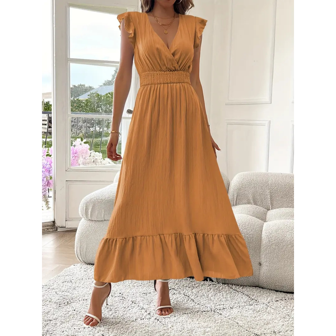 AVALERI™ – Elegantes gerafftes Sommer-Maxikleid mit V-Ausschnitt