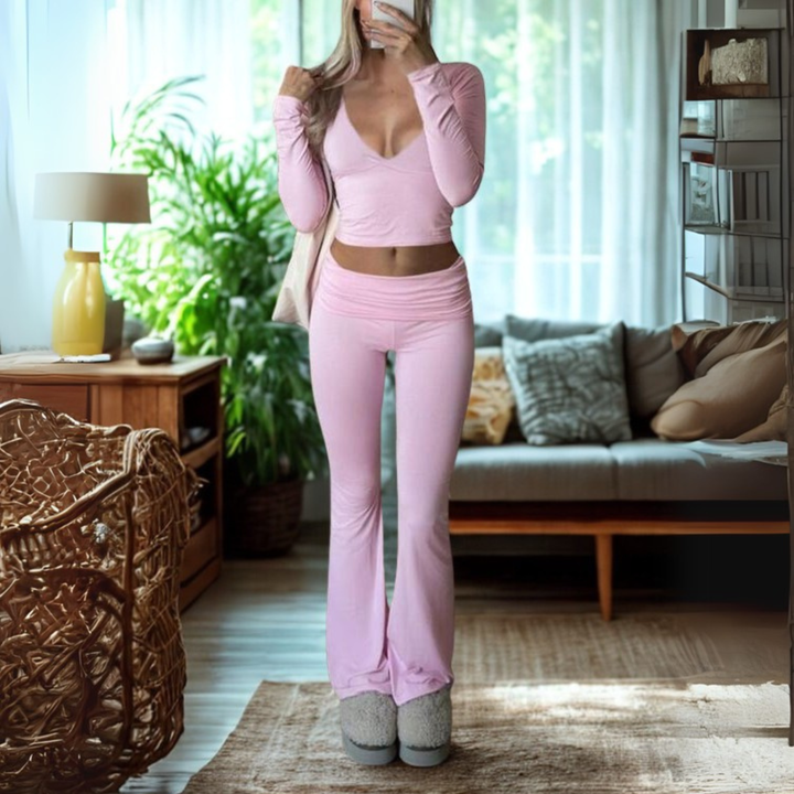 SINA™ - Lässiges V-Ausschnitt Langarm Crop Top und Hosen Set