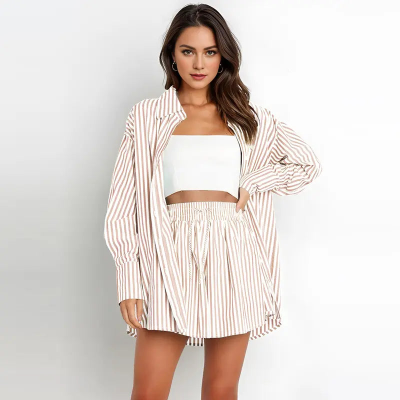 TIFY™ – Schickes gestreiftes Hemd mit Kragen und weitem Shorts-Set