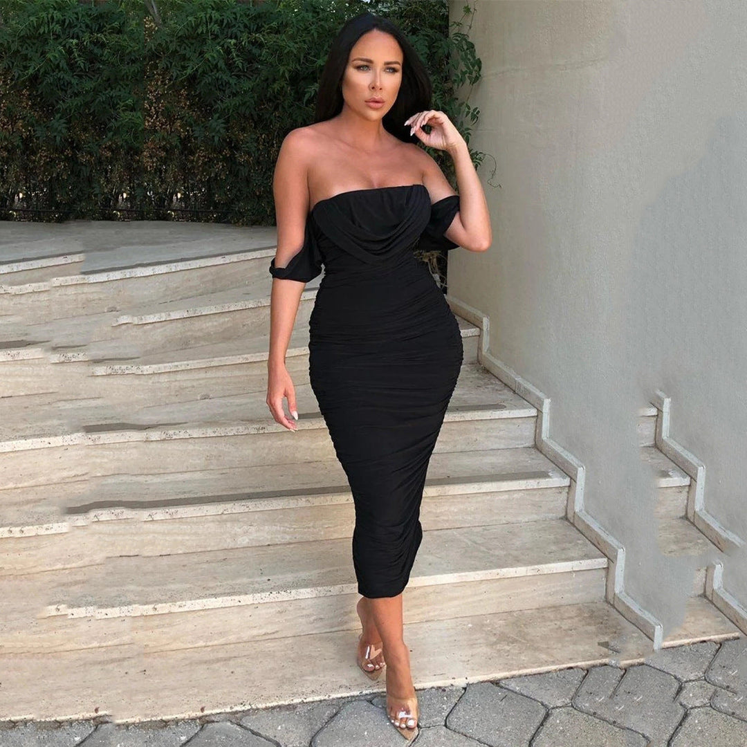 KLITI™ - Elegantes Off-Shoulder gerafftes Bodycon Midi-Partykleid
