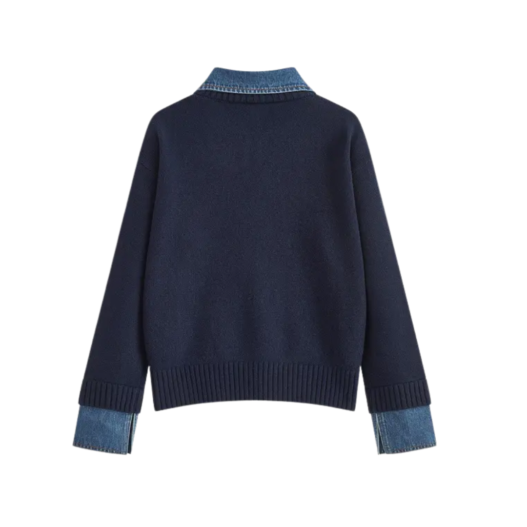 SOLVEI™ – Gemütlicher Polo Denim Ärmel 2-in-1 Panel Revers Pullover