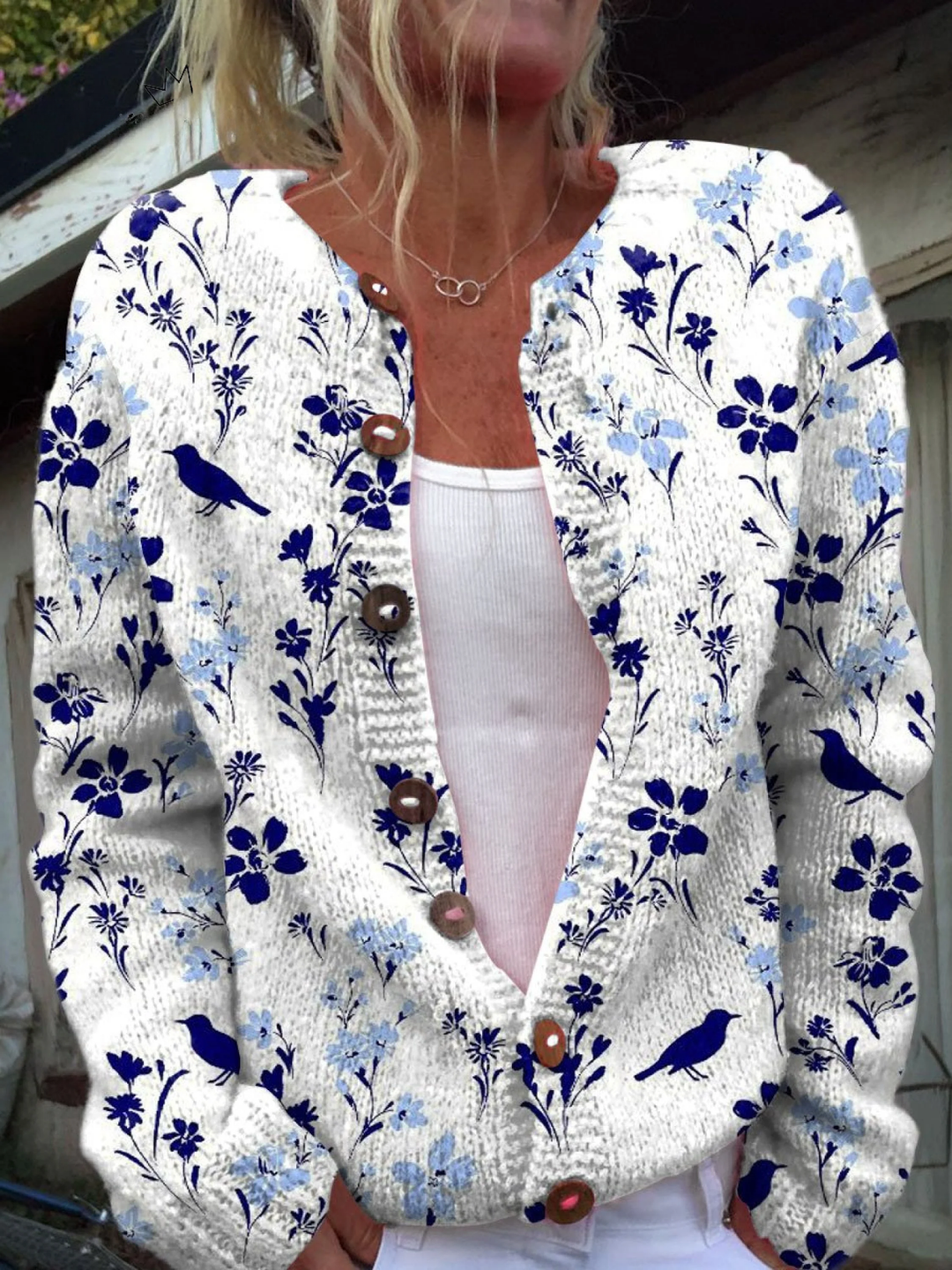Vynora | Strickcardigan mit Blumen und Vögeln