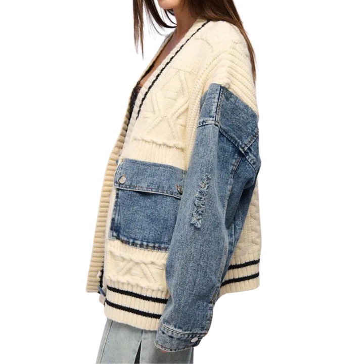 FRANCEL™ – Entspannter Denim-Patchwork-Strickcardigan