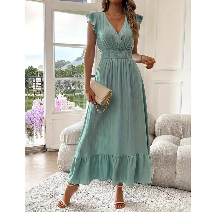 AVALERI™ – Elegantes gerafftes Sommer-Maxikleid mit V-Ausschnitt