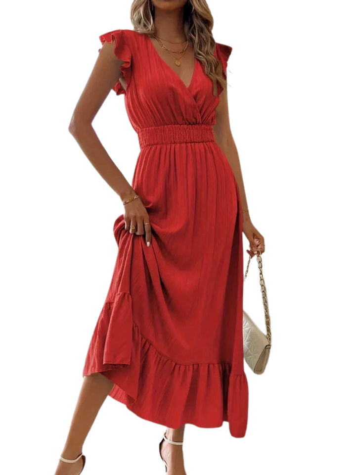 ARIELLE™ – Gerafftes V-Ausschnitt Freizeit-Maxikleid