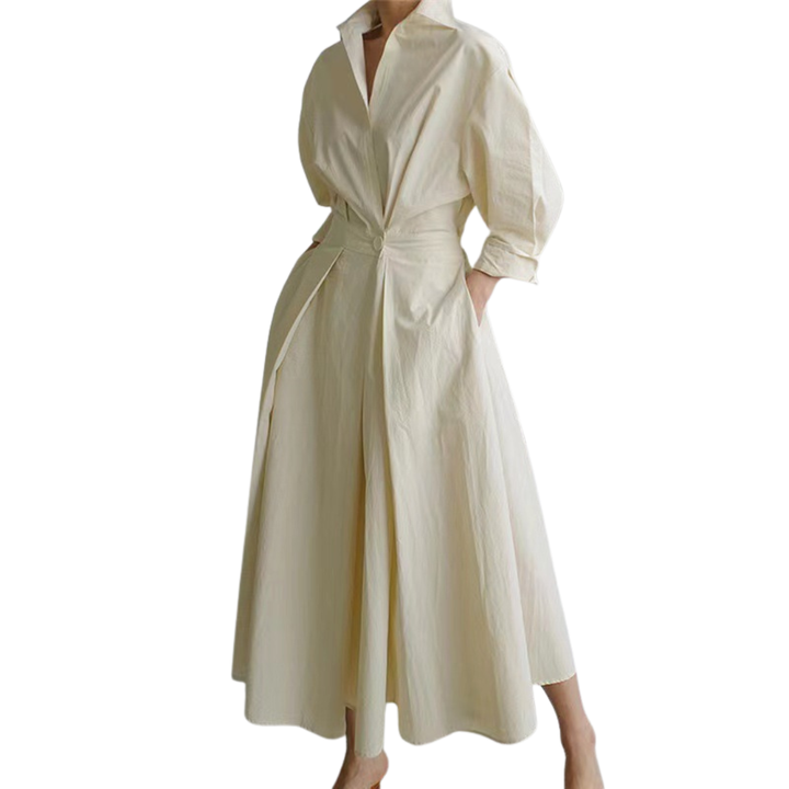 CASSIE™ – Damen einfarbiges Wickelkleid in A-Linie mit Knopfleiste, legerem Kragen und langen Ärmeln