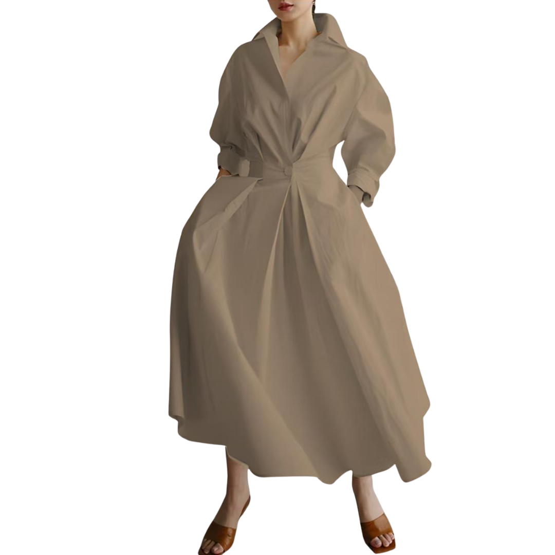 CASSIE™ – Damen einfarbiges Wickelkleid in A-Linie mit Knopfleiste, legerem Kragen und langen Ärmeln