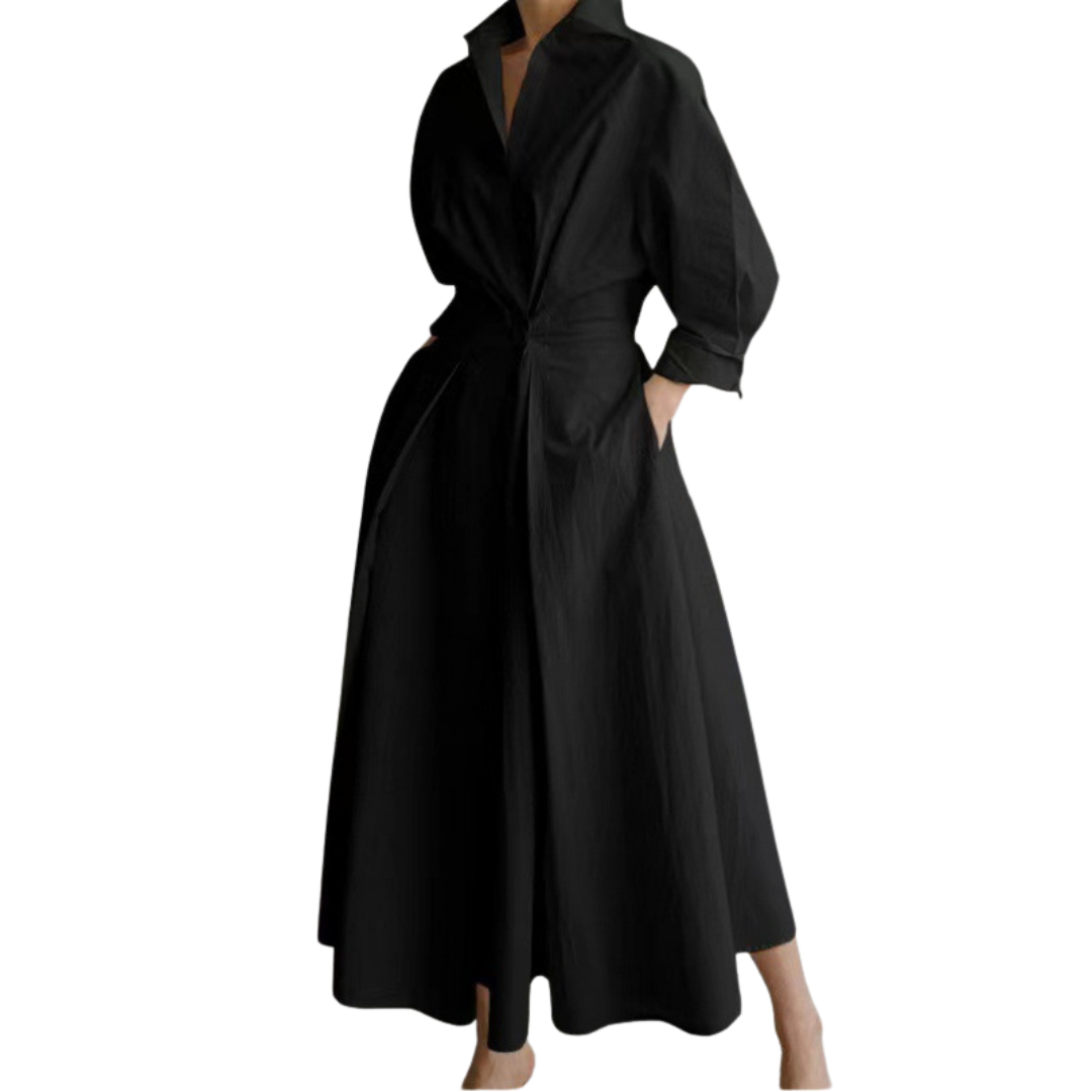 CASSIE™ – Damen einfarbiges Wickelkleid in A-Linie mit Knopfleiste, legerem Kragen und langen Ärmeln