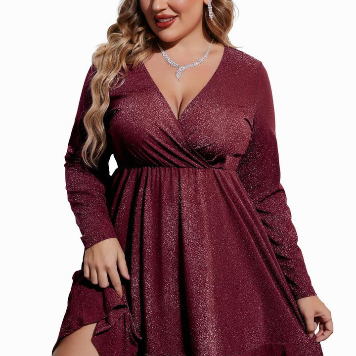 MATHILDE™ - Große Größen Glitzer V-Ausschnitt Rüschensaum Swing Cocktailkleid