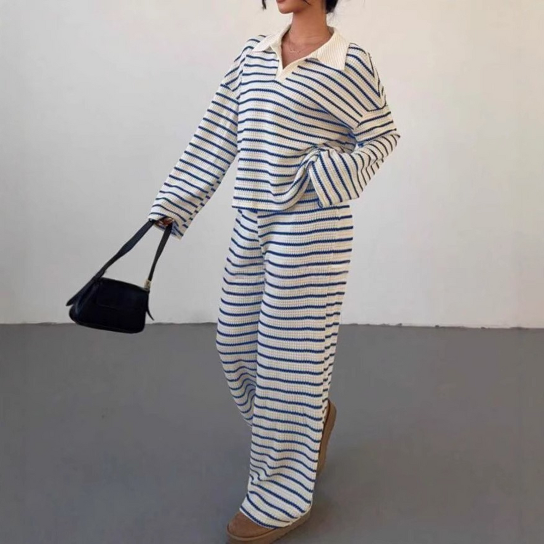 INCI™ – Lässiges gestreiftes V-Ausschnitt Langarmshirt und Hose Set