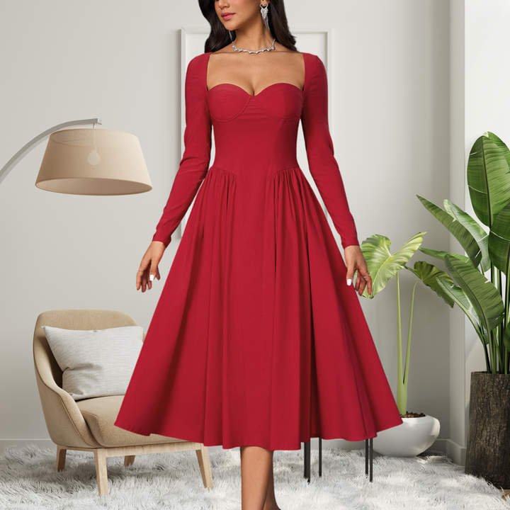 AKILA™ - Elegantes A-Linien Maxikleid mit Herzausschnitt und langen Ärmeln