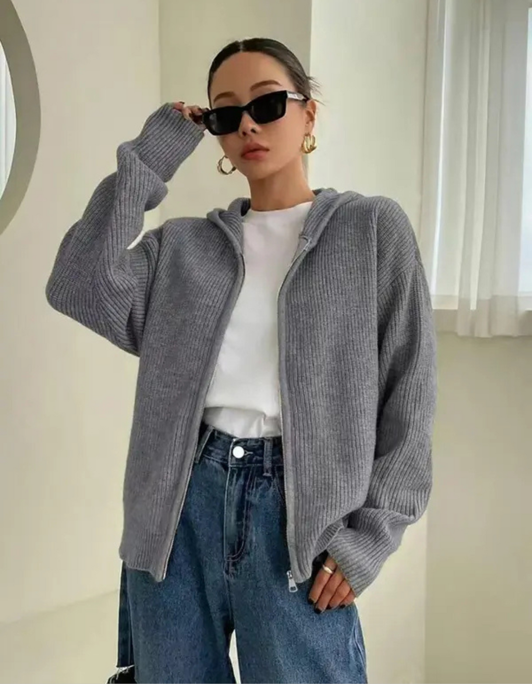 LARALI™ - Lässiger Cardigan mit Reißverschluss und Kapuze, Langarm