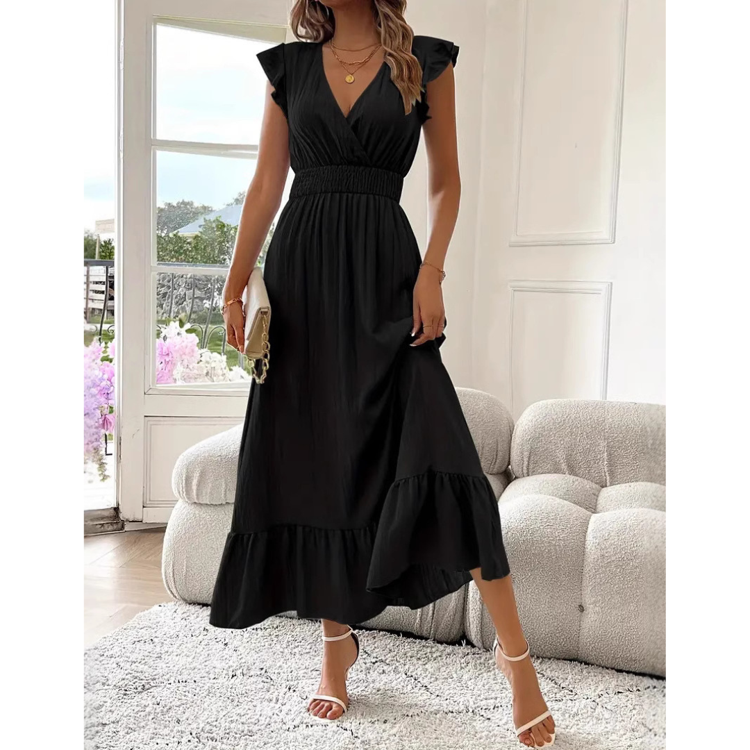 AVALERI™ – Elegantes gerafftes Sommer-Maxikleid mit V-Ausschnitt