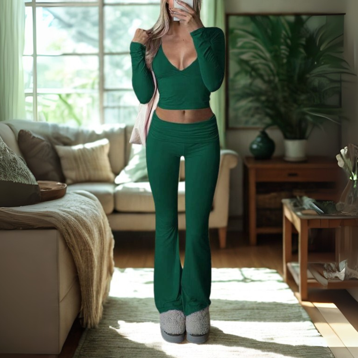 SINA™ - Lässiges V-Ausschnitt Langarm Crop Top und Hosen Set