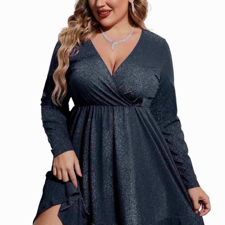 MATHILDE™ - Große Größen Glitzer V-Ausschnitt Rüschensaum Swing Cocktailkleid