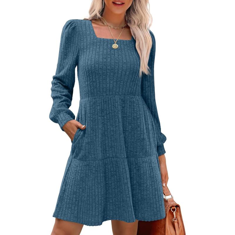 ELIZA™ - Gemütliches Langarm-Babydoll-Strickkleid mit eckigem Ausschnitt