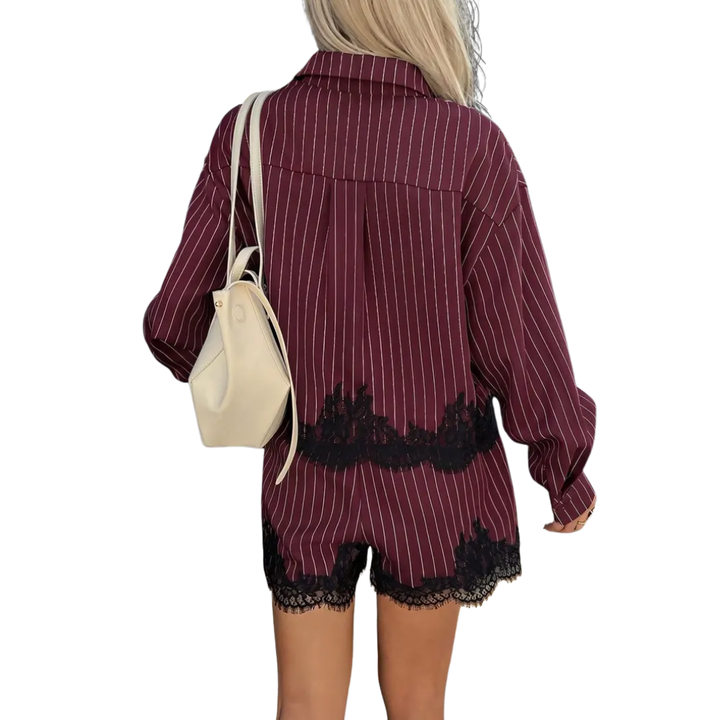 SOLÈNE™ – Gestreiftes Hemd & Shorts Set mit Spitzenbesatz