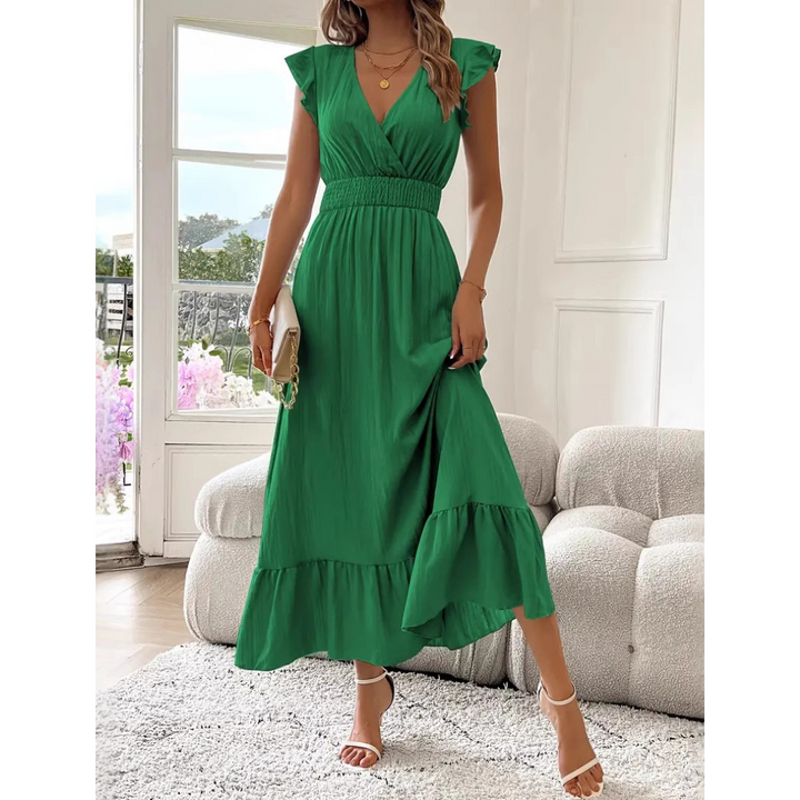 AVALERI™ – Elegantes gerafftes Sommer-Maxikleid mit V-Ausschnitt
