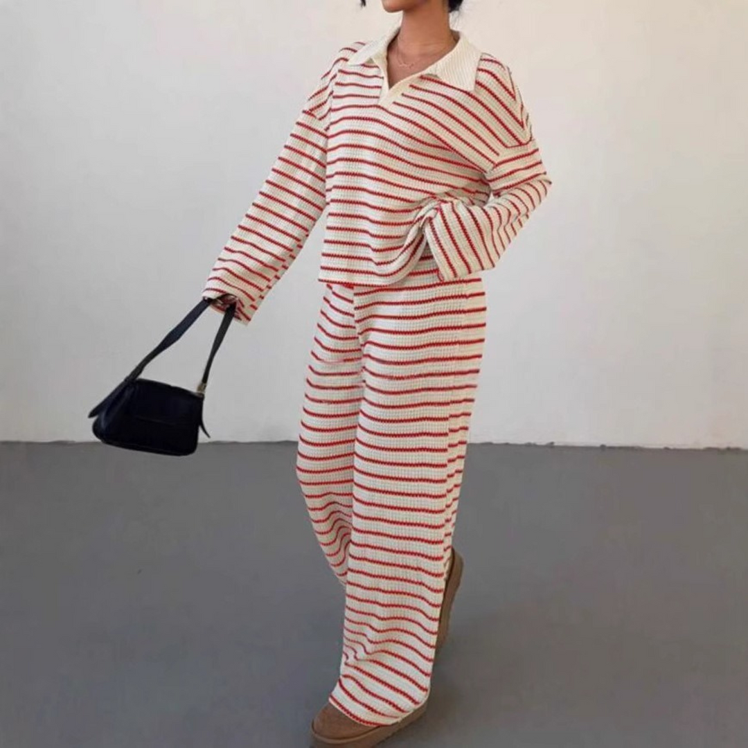 INCI™ – Lässiges gestreiftes V-Ausschnitt Langarmshirt und Hose Set
