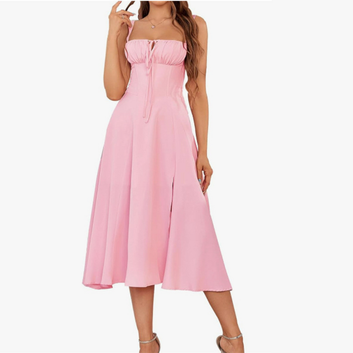 ARIELLOU™ – Elegantes geschnürtes Midikleid mit eckigem Ausschnitt