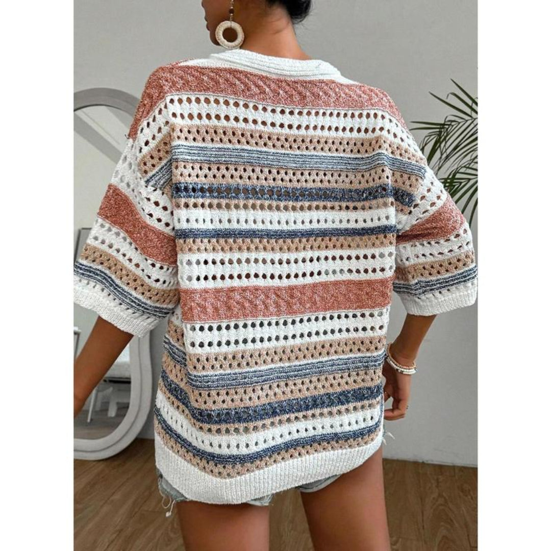 KELISE™ – Lässiges gestreiftes Häkel-V-Ausschnitt-Sommer-Top