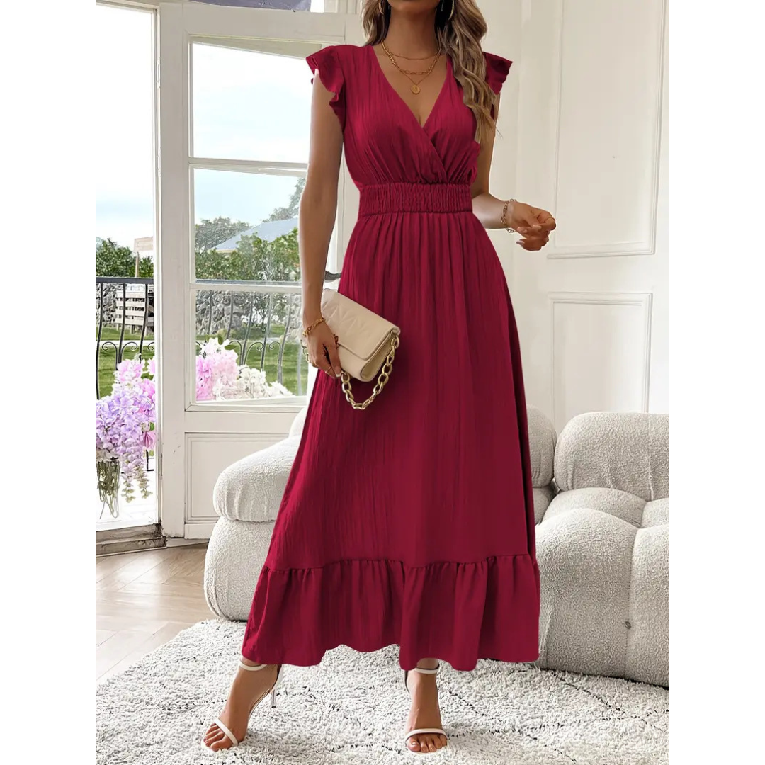 AVALERI™ – Elegantes gerafftes Sommer-Maxikleid mit V-Ausschnitt