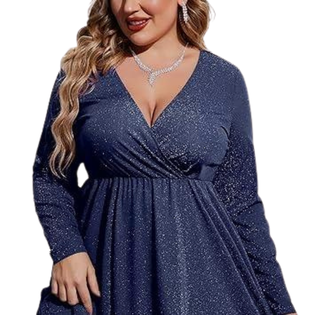MATHILDE™ - Große Größen Glitzer V-Ausschnitt Rüschensaum Swing Cocktailkleid