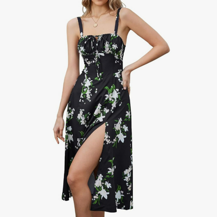 ARIELLOU™ – Elegantes geschnürtes Midikleid mit eckigem Ausschnitt