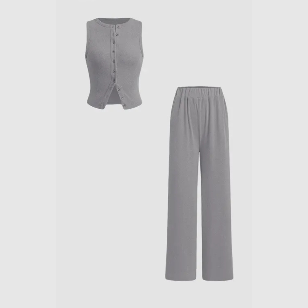 CLAIRE™ - Elegantes geripptes Tanktop und Hosen-Set mit Knöpfen