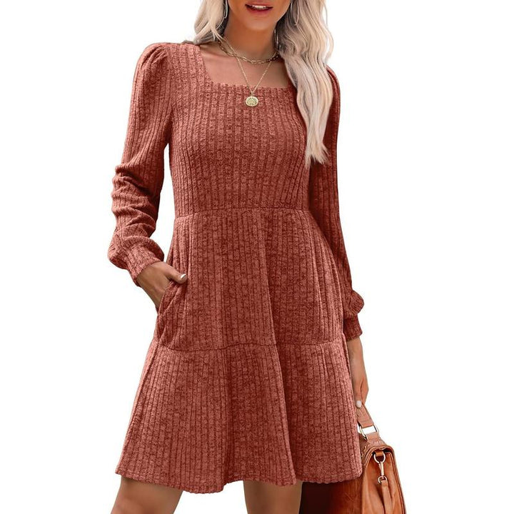 ELIZA™ - Gemütliches Langarm-Babydoll-Strickkleid mit eckigem Ausschnitt