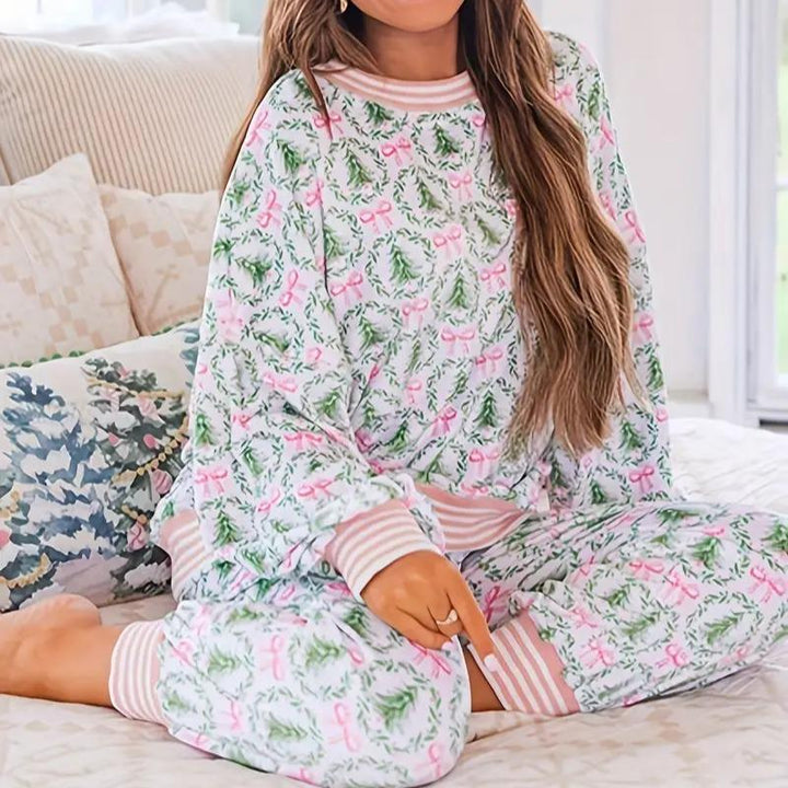 AUBREY™ - Gemütliches Weihnachtsschleifen-Print Loungewear-Set