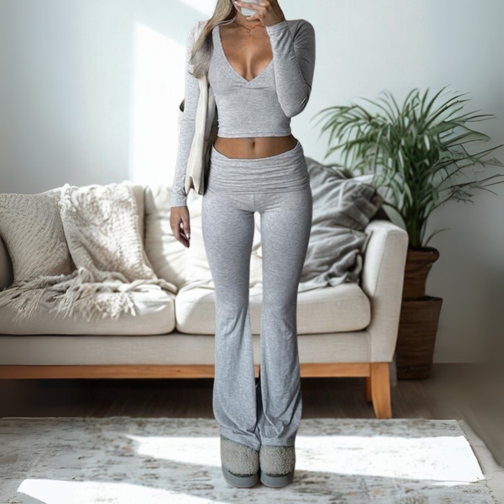 SINA™ - Lässiges V-Ausschnitt Langarm Crop Top und Hosen Set