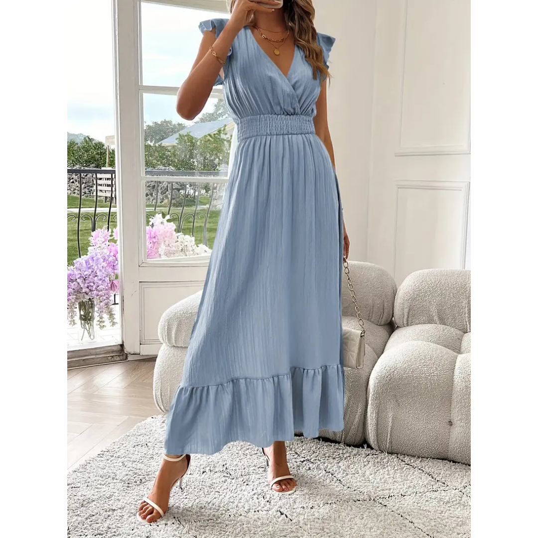 AVALERI™ – Elegantes gerafftes Sommer-Maxikleid mit V-Ausschnitt