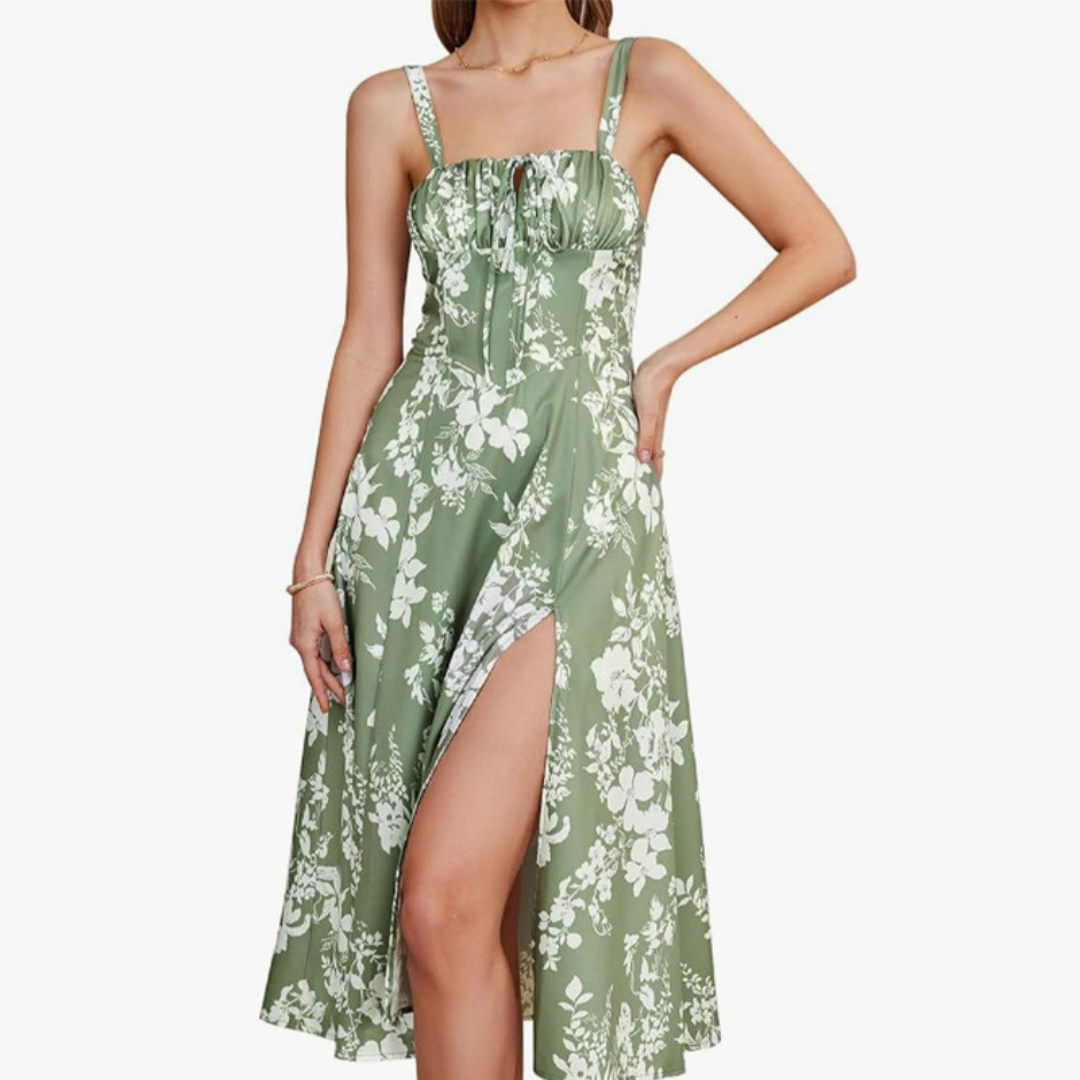 ARIELLOU™ – Elegantes geschnürtes Midikleid mit eckigem Ausschnitt