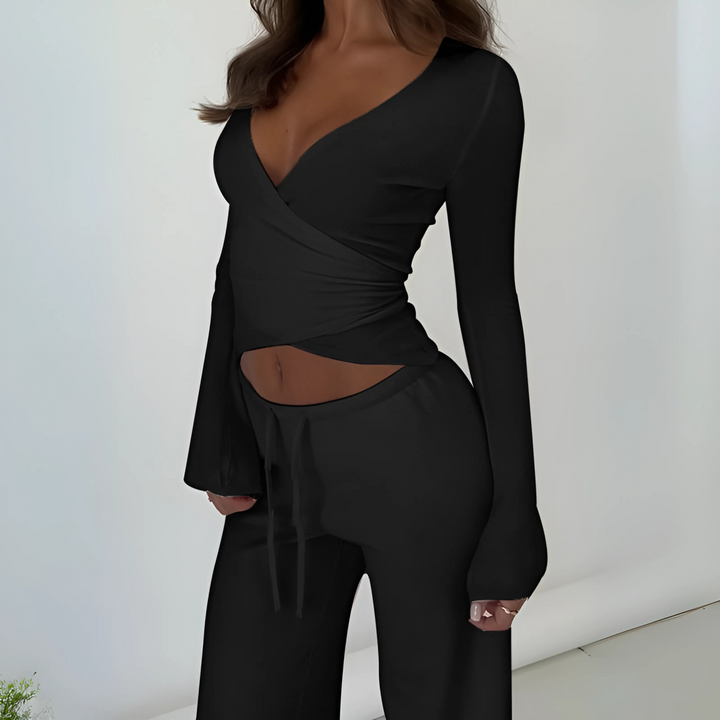 LETISA™ – Elegantes V-Ausschnitt Langarm-Oberteil und Hosen-Set