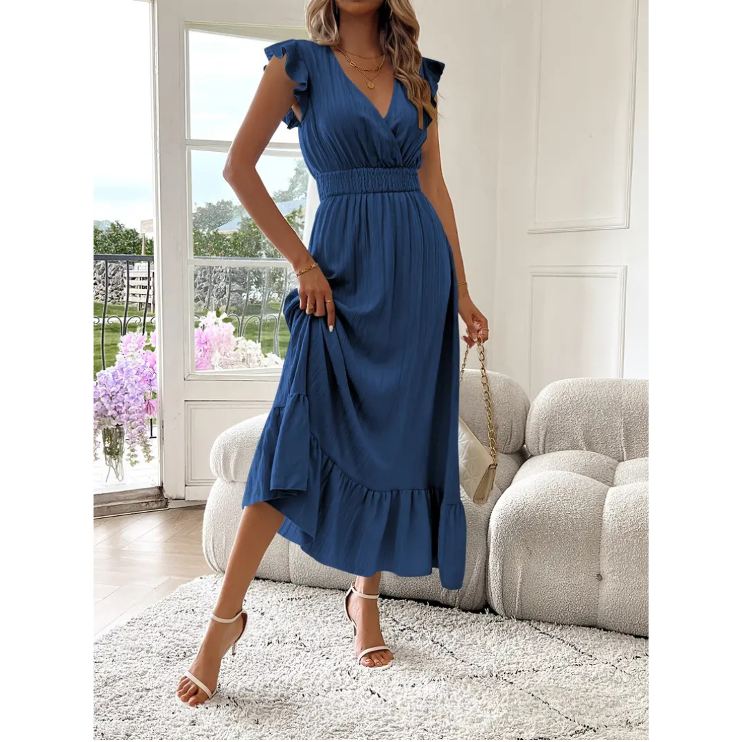 AVALERI™ – Elegantes gerafftes Sommer-Maxikleid mit V-Ausschnitt