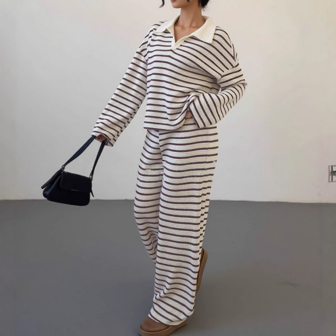 INCI™ – Lässiges gestreiftes V-Ausschnitt Langarmshirt und Hose Set
