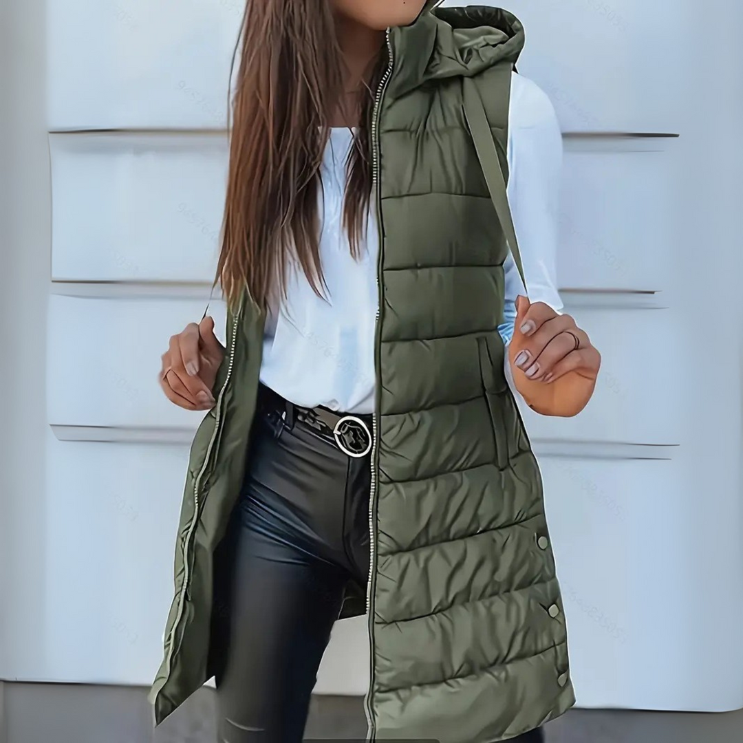 RAIN™ – Lässige ärmellose Kapuzen-Long-Pufferweste