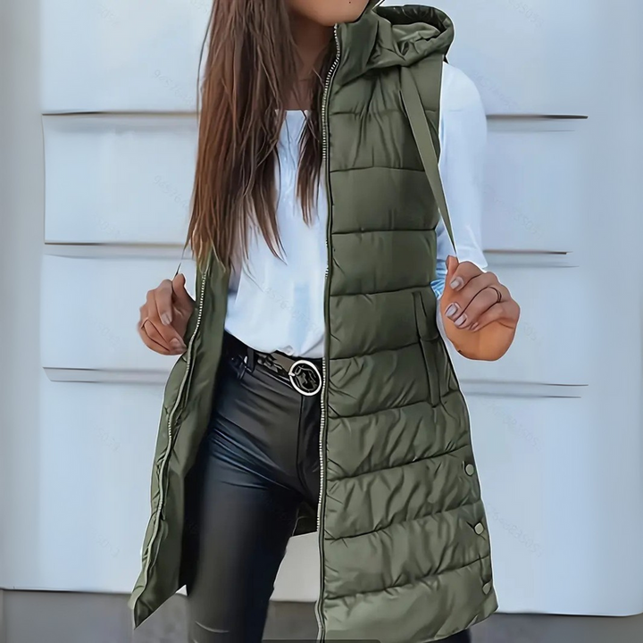 RAIN™ – Lässige ärmellose Kapuzen-Long-Pufferweste