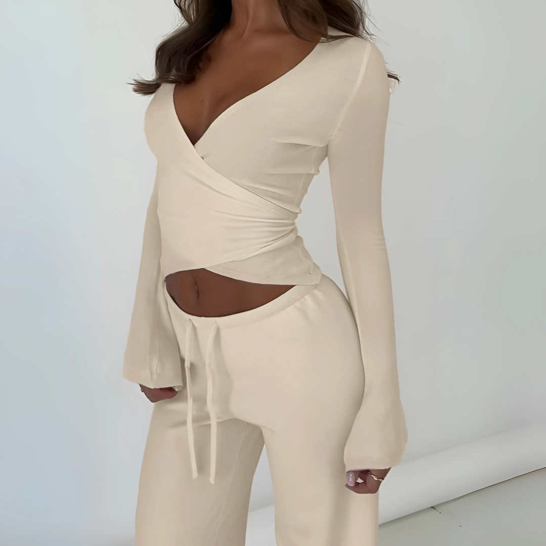 LETISA™ – Elegantes V-Ausschnitt Langarm-Oberteil und Hosen-Set