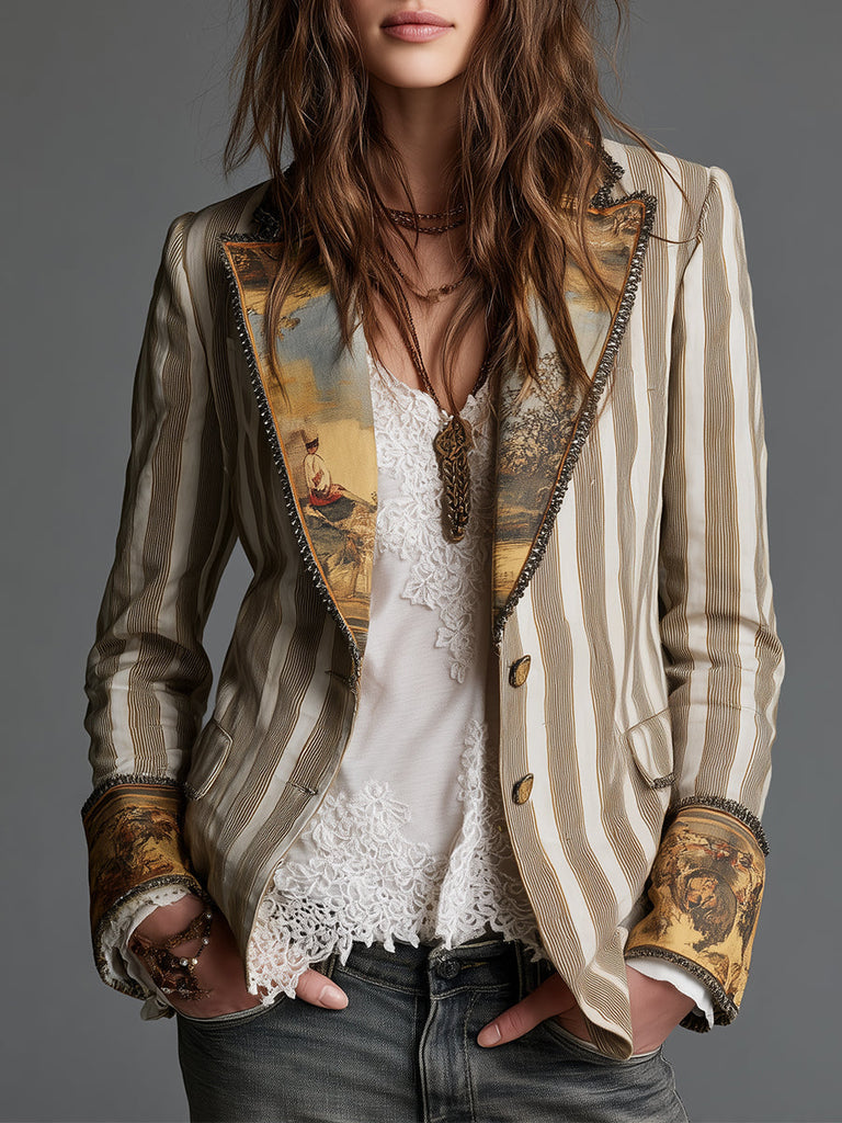 Damen-Boho-Blazer mit Streifen und bedrucktem Revers