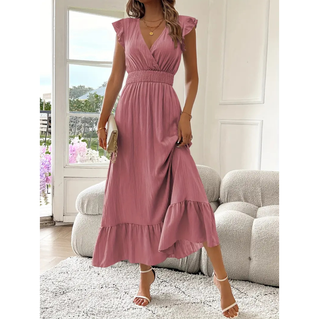 AVALERI™ – Elegantes gerafftes Sommer-Maxikleid mit V-Ausschnitt